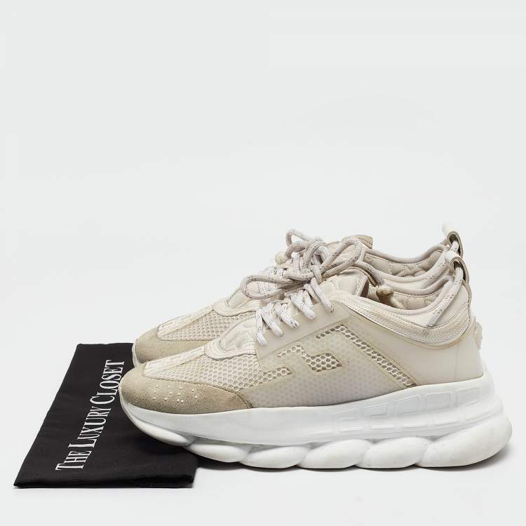 Pre Owned Versace White/Grey Mesh And Suede Chain Reaction Sneakers Size 42