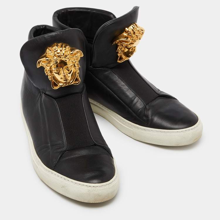 Pre Owned Versace Black Leather Palazzo Medusa High Top Slip On Sneakers Size 42