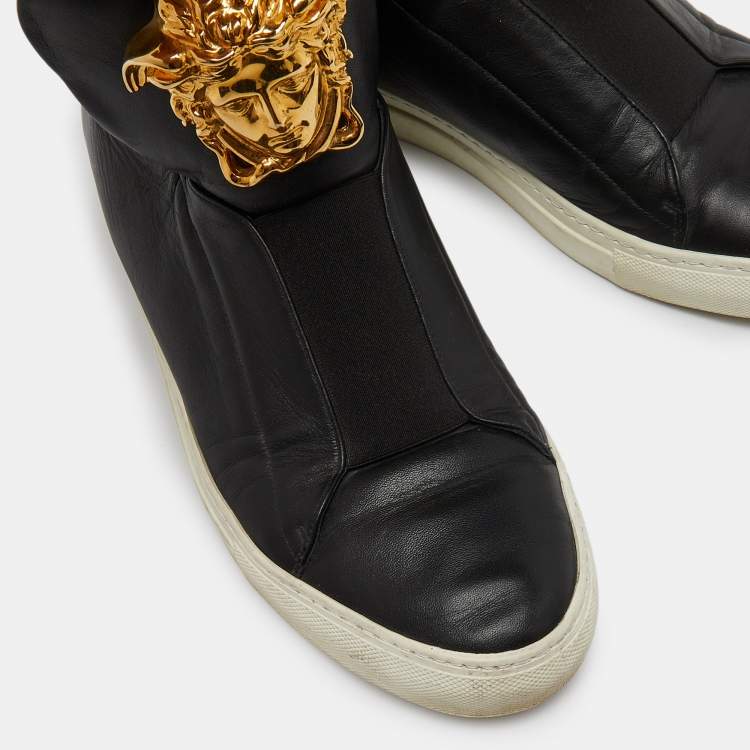 Pre Owned Versace Black Leather Palazzo Medusa High Top Slip On Sneakers Size 42