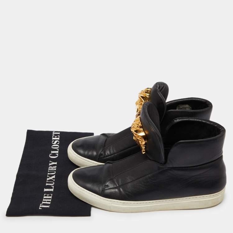 Pre Owned Versace Black Leather Palazzo Medusa High Top Slip On Sneakers Size 42