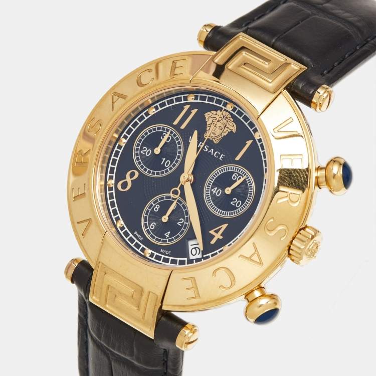 Pre Owned Versace Black Gold Plated Stainless Steel Embossed Leather Reve Q5C Men's Wristwatch 40 mm