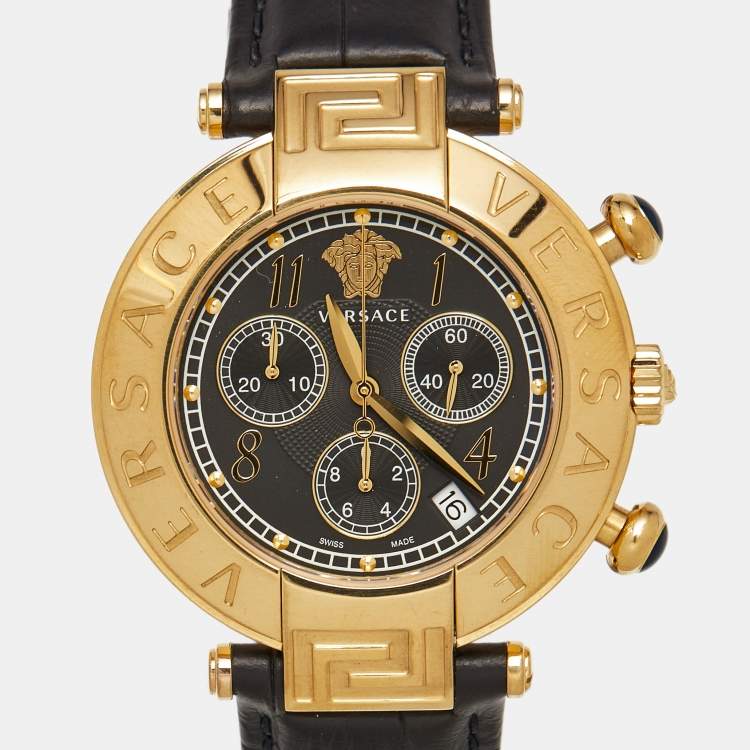 Pre Owned Versace Black Gold Plated Stainless Steel Embossed Leather Reve Q5C Men's Wristwatch 40 mm