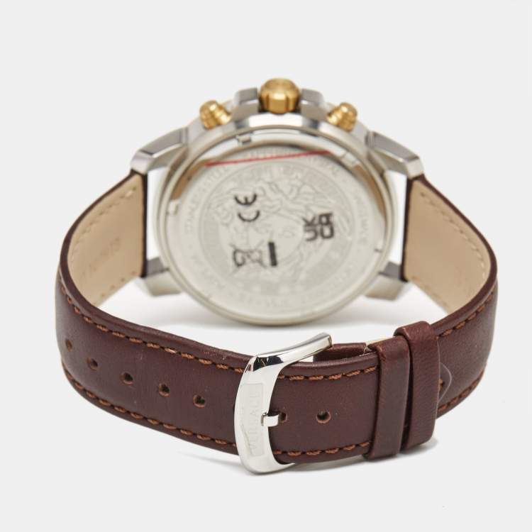 Pre Owned Versace Blue Two-Tone Stainless Steel Leather VE2E00221 Men's Wristwatch 45 mm
