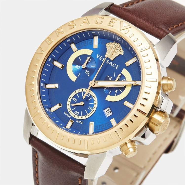 Pre Owned Versace Blue Two-Tone Stainless Steel Leather VE2E00221 Men's Wristwatch 45 mm
