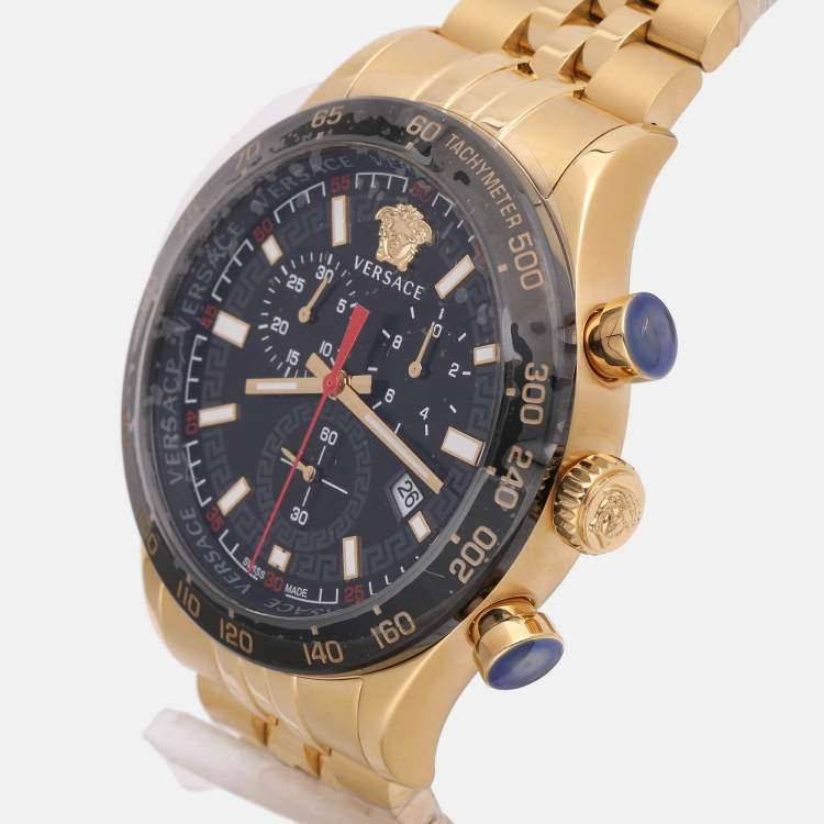 Pre Owned Versace Black Gold Plated Stainless Steel Hellenyium Men's Wristwatch 44 mm