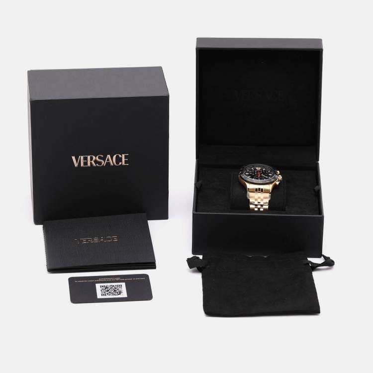Pre Owned Versace Black Gold Plated Stainless Steel Hellenyium Men's Wristwatch 44 mm