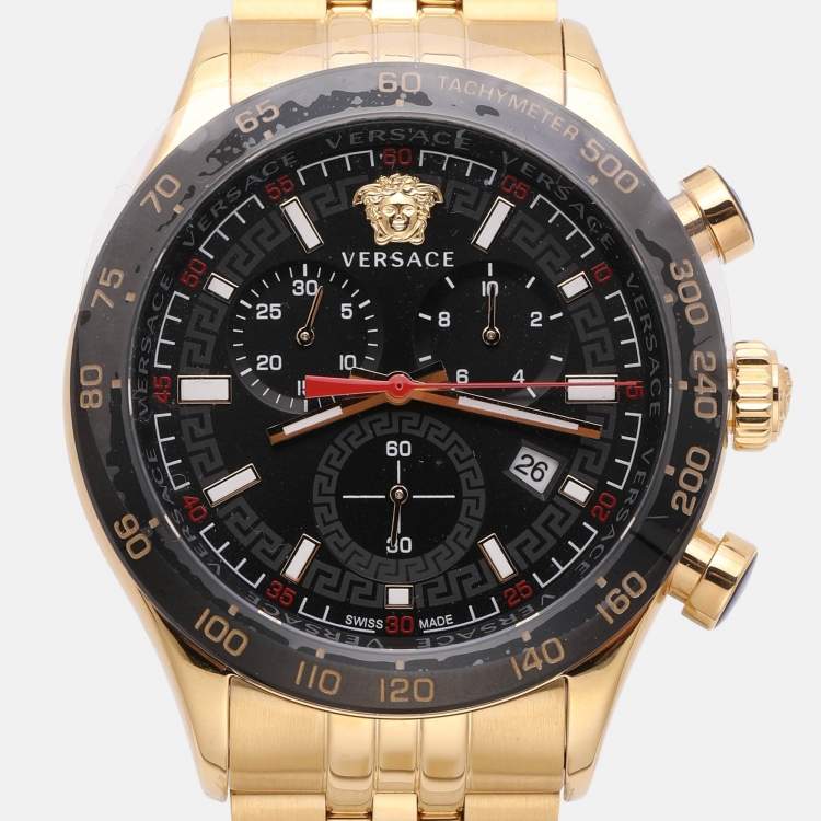 Pre Owned Versace Black Gold Plated Stainless Steel Hellenyium Men's Wristwatch 44 mm