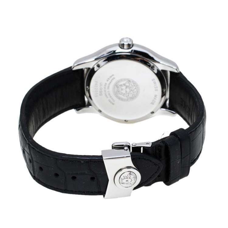Pre Owned Versace Off-White Stainless Steel Embossed Leather Hurricane ULQ 99 Men's Wristwatch 36MM