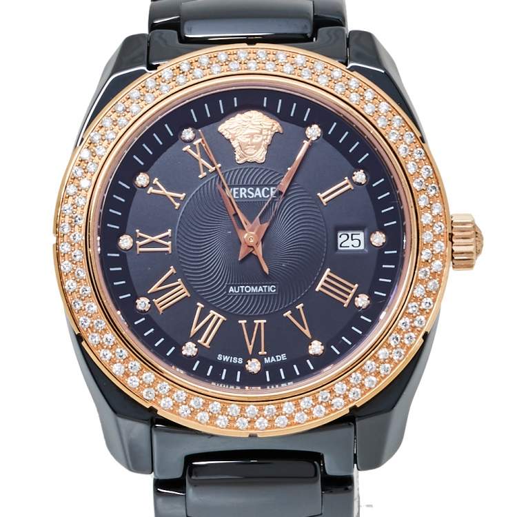 Pre Owned Versace Black Ceramic Gold Plated Stainless Steel Diamonds DV One Glamour 63Q Men's Wristwatch 41 mm
