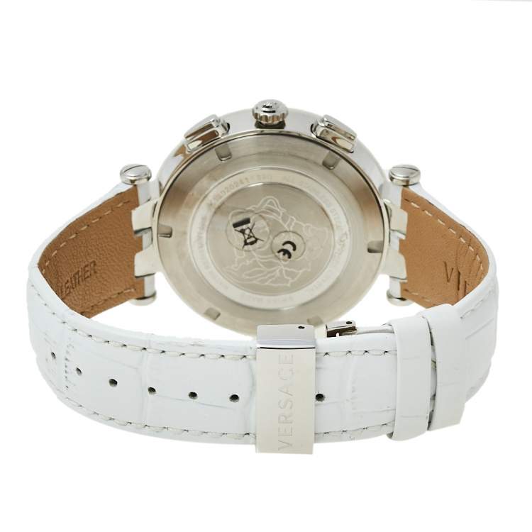Pre Owned Versace Silver Stainless Steel Leather V-Race GMT 29G9S1D001S001 Men's Wristwatch 46 mm