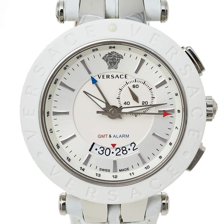 Pre Owned Versace Silver Stainless Steel Leather V-Race GMT 29G9S1D001S001 Men's Wristwatch 46 mm