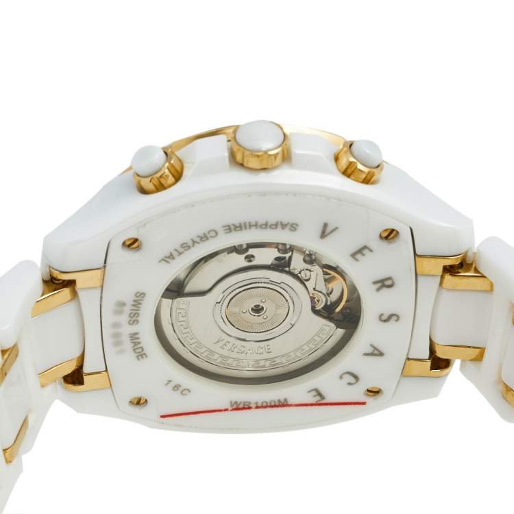 Pre Owned Versace White Ceramic Rose Gold Plated Stainless Steel DV One 16CCP1D001 SC01 Men's Wristwatch 43 mm