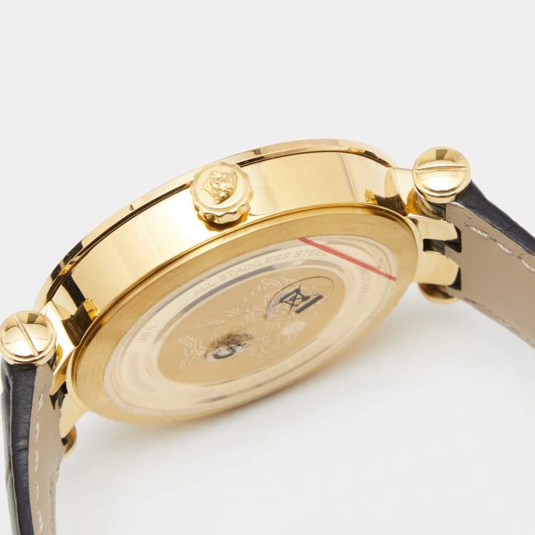 Pre Owned Versace Silver Gold Plated Stainless Steel Leather V-Race VPQ Men's Wristwatch 42 mm
