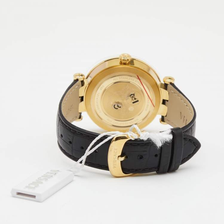 Pre Owned Versace Silver Gold Plated Stainless Steel Leather V-Race VPQ Men's Wristwatch 42 mm
