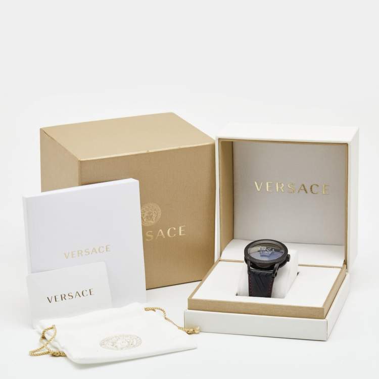 Pre Owned Versace Black PVD Coated Stainless Steel Leather Palazzo VERD00218 Men's Wristwatch 43 mm