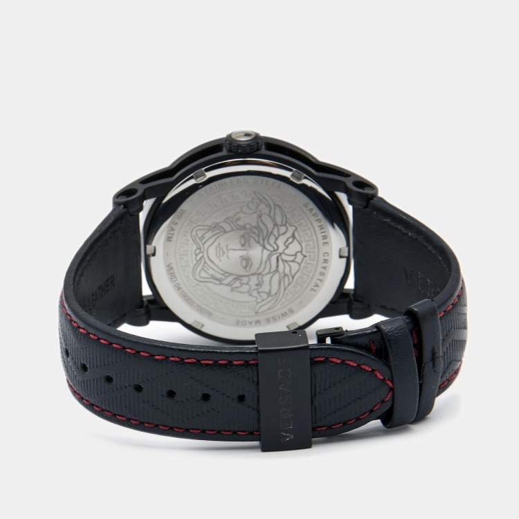 Pre Owned Versace Black PVD Coated Stainless Steel Leather Palazzo VERD00218 Men's Wristwatch 43 mm