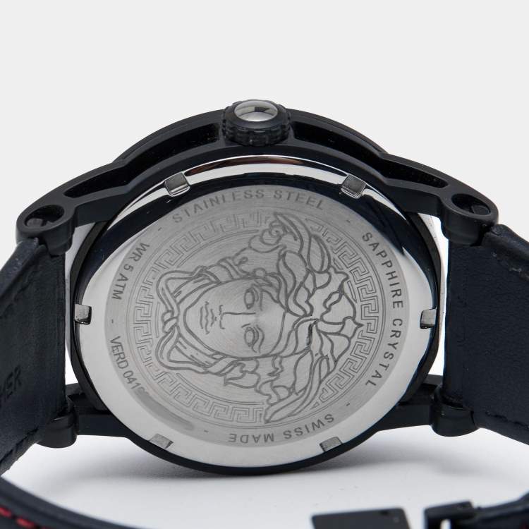 Pre Owned Versace Black PVD Coated Stainless Steel Leather Palazzo VERD00218 Men's Wristwatch 43 mm