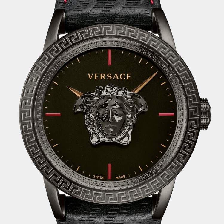 Pre Owned Versace Black PVD Coated Stainless Steel Leather Palazzo VERD00218 Men's Wristwatch 43 mm