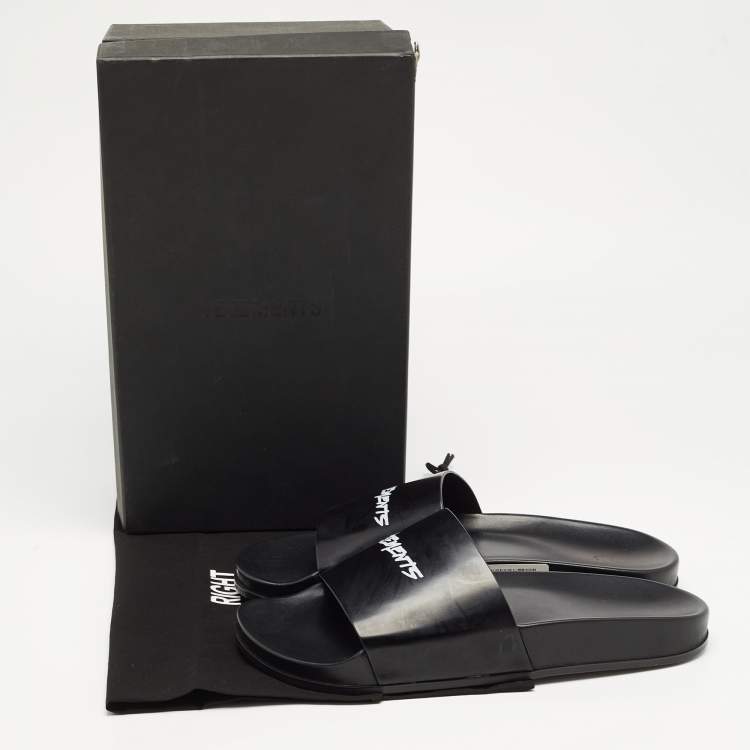 Pre Owned Vetements Black Leather Logo Flat Slides Size 43