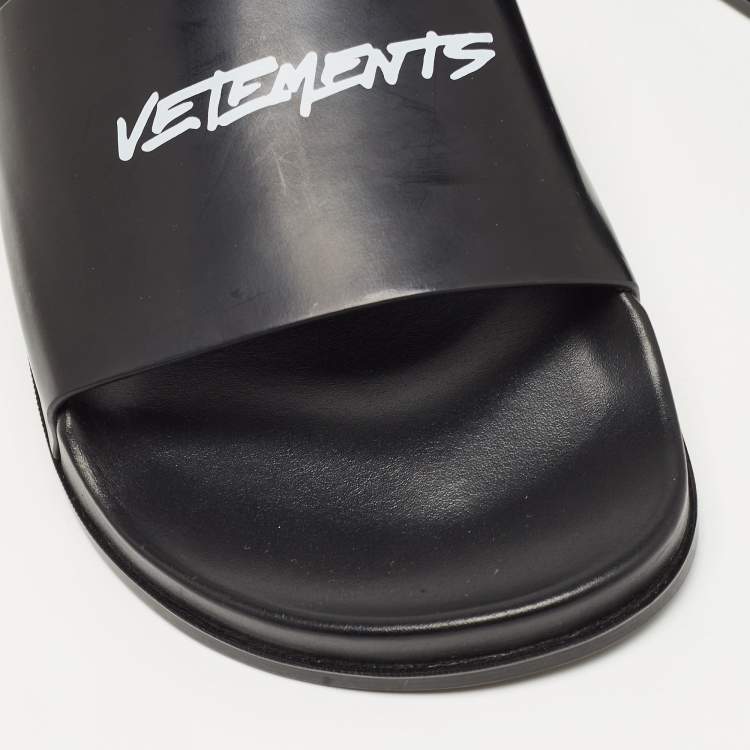 Pre Owned Vetements Black Leather Logo Flat Slides Size 43