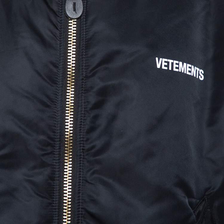 Pre Owned Vetements Black & Orange Synthetic Logo Print Reversible Bomber Jacket XS