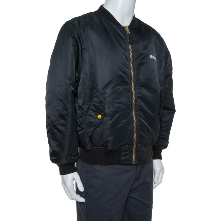 Pre Owned Vetements Black & Orange Synthetic Logo Print Reversible Bomber Jacket XS