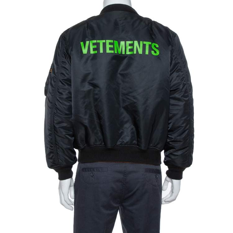 Pre Owned Vetements Black & Orange Synthetic Logo Print Reversible Bomber Jacket XS