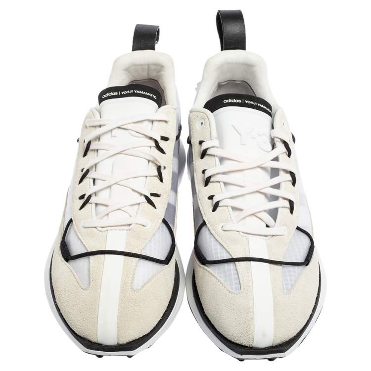 Pre Owned Adidas Y-3 Core White Mesh and Suede Shiku Run Low Top Sneakers Size 46 2/3
