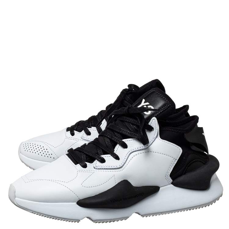 Pre Owned Y-3 White/Black Leather And Stretch Fabric Kaiwa Sneakers Size 43 1/3