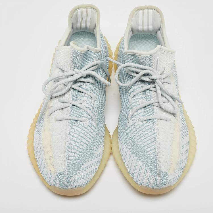 Pre Owned Yeezy x Adidas Blue/White Knit Fabric Boost 350 V2 Cloud White Low Top Sneakers Size 45 1/3