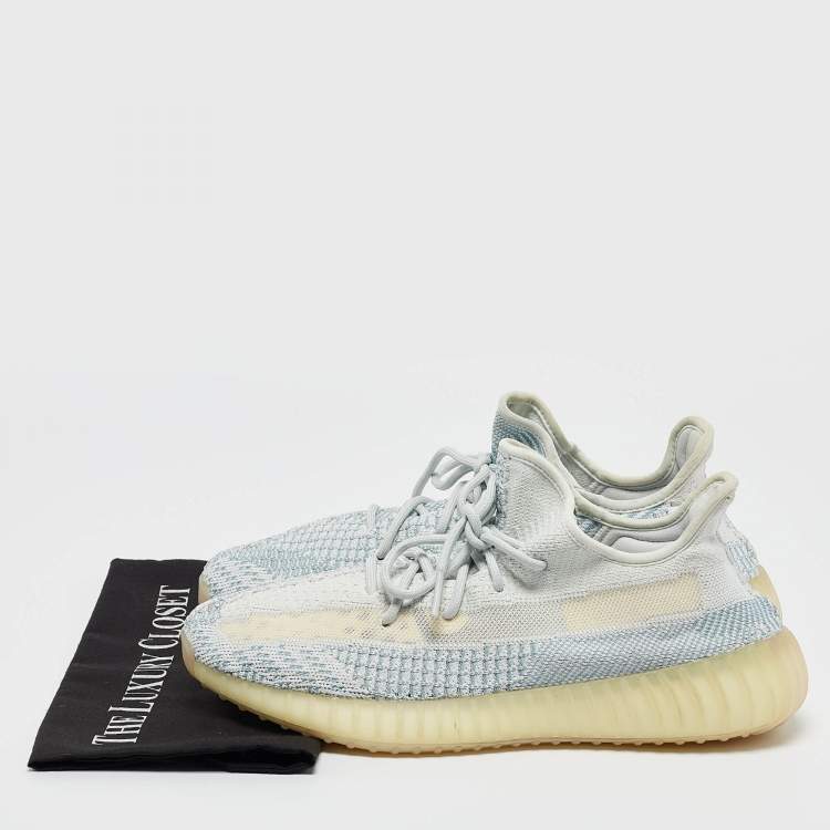 Pre Owned Yeezy x Adidas Blue/White Knit Fabric Boost 350 V2 Cloud White Low Top Sneakers Size 45 1/3