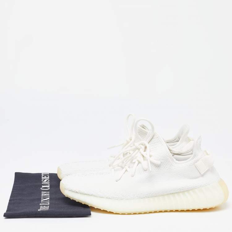 Pre Owned Yeezy x Adidas Off White Knit Fabric Boost 350 V2 Triple White Sneakers Size 46 2/3