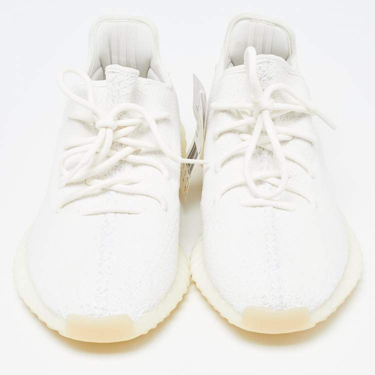 Pre Owned Yeezy x Adidas Off White Knit Fabric Boost 350 V2 Triple White Sneakers Size 46 2/3