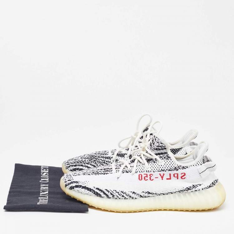 Pre Owned Yeezy x Adidas White/Black Knit Fabric Boost 350 V2 Zebra Sneakers Size 46 2/3