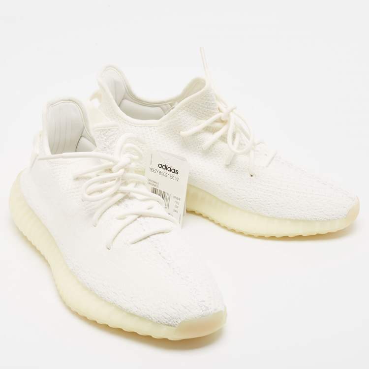 Pre Owned Yeezy x Adidas White Knit Fabric Boost 350 V2 Lace Up Sneakers Size 46 2/3