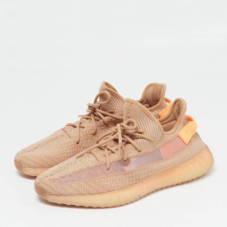 Pre Owned Yeezy x Adidas Boost 350 V2 Clay Size 47.5 Orange Knit Fabric Lace Up Sneakers