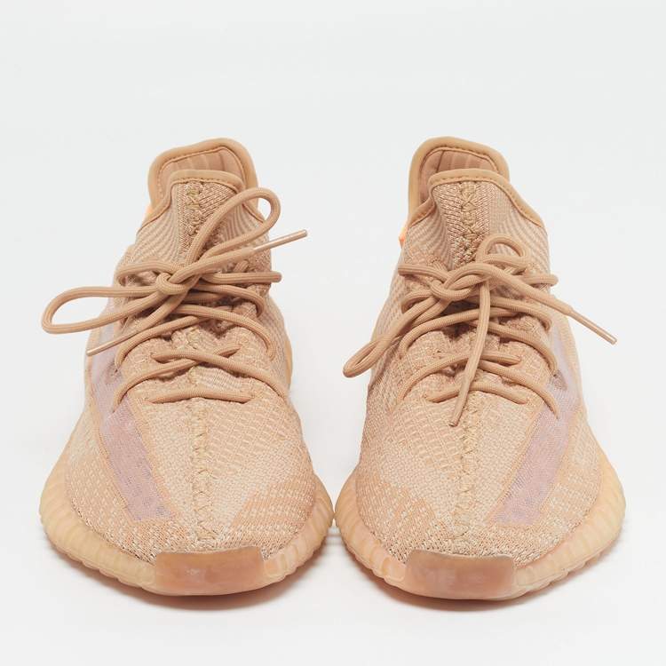 Pre Owned Yeezy x Adidas Boost 350 V2 Clay Size 47.5 Orange Knit Fabric Lace Up Sneakers