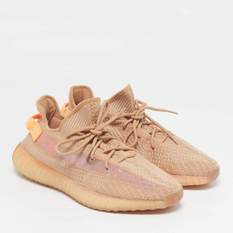 Pre Owned Yeezy x Adidas Boost 350 V2 Clay Size 47.5 Orange Knit Fabric Lace Up Sneakers