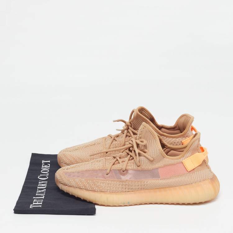 Pre Owned Yeezy x Adidas Boost 350 V2 Clay Size 47.5 Orange Knit Fabric Lace Up Sneakers
