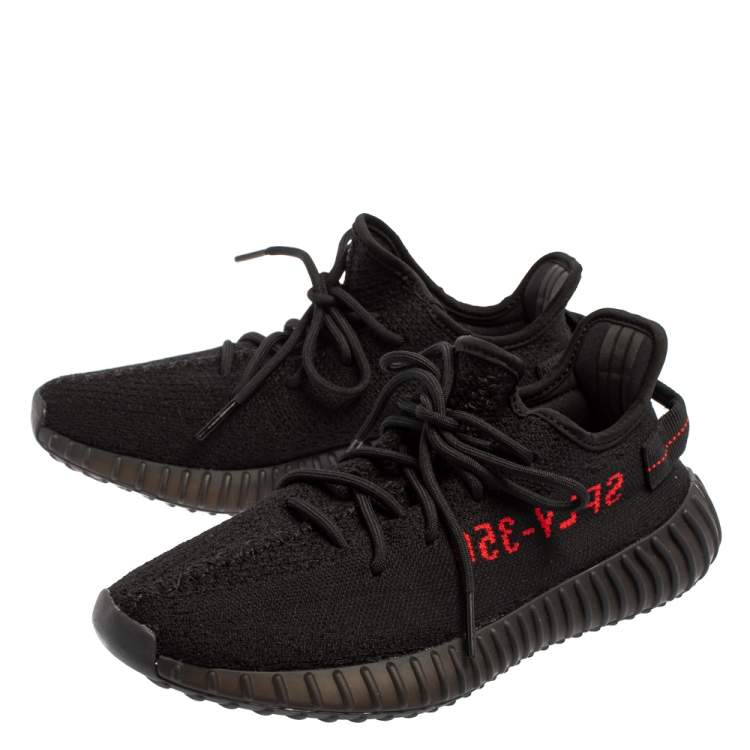 Pre Owned Yeezy x Adidas Boost 350 V2 Black/Red Cotton Knit Lace Up Sneakers Size 42.5