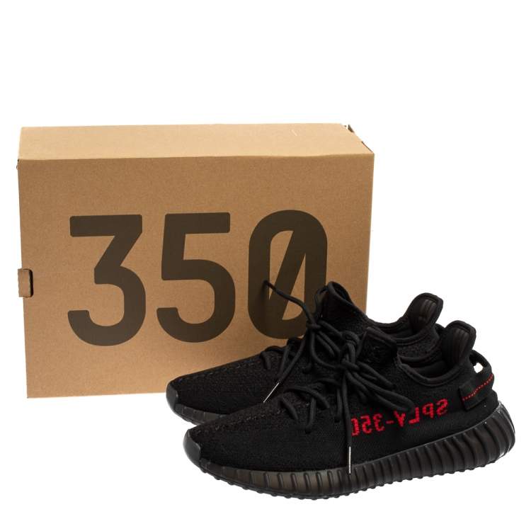 Pre Owned Yeezy x Adidas Boost 350 V2 Black/Red Cotton Knit Lace Up Sneakers Size 42.5
