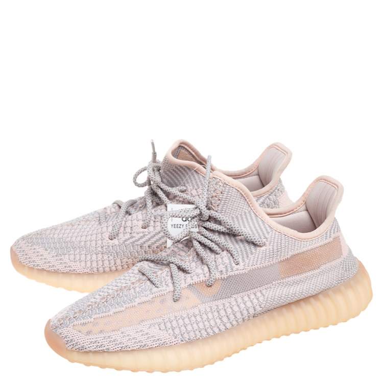 Pre Owned Yeezy x Adidas Pink/Grey Knit Fabric Boost 350 V2 Synth Non-Reflective Sneakers Size 43 1/3