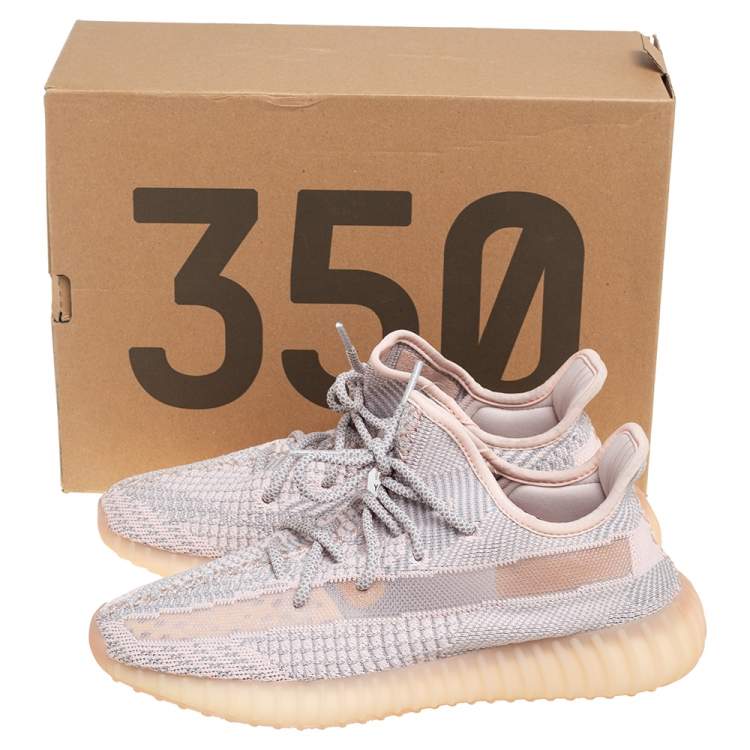 Pre Owned Yeezy x Adidas Pink/Grey Knit Fabric Boost 350 V2 Synth Non-Reflective Sneakers Size 43 1/3