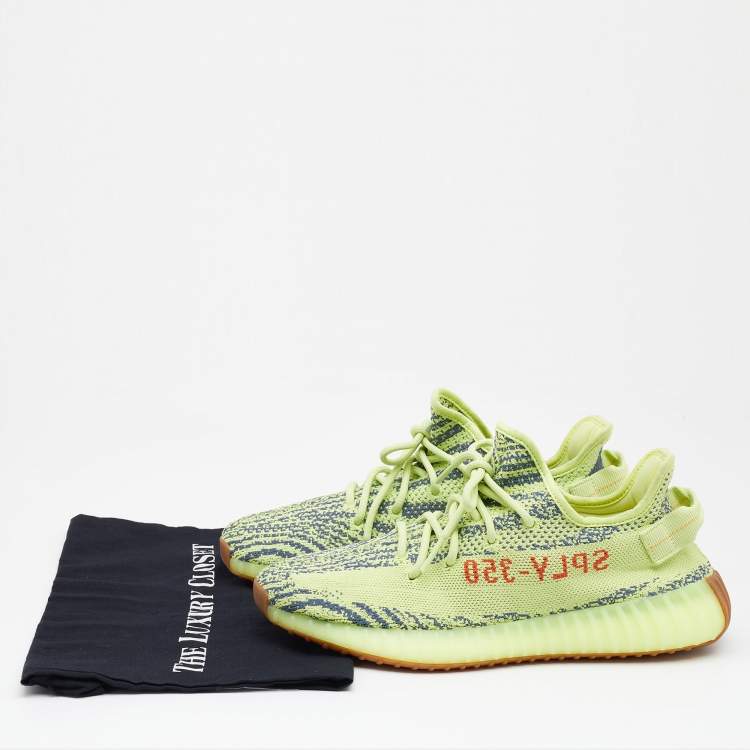 Pre Owned Yeezy x Adidas Neon Yellow Knit Fabric Semi Frozen Boost 350 V2 Sneakers Size 43 1/3