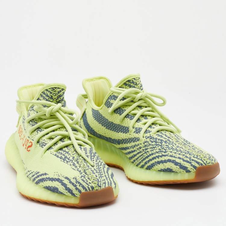 Pre Owned Yeezy x Adidas Neon Yellow Knit Fabric Semi Frozen Boost 350 V2 Sneakers Size 43 1/3