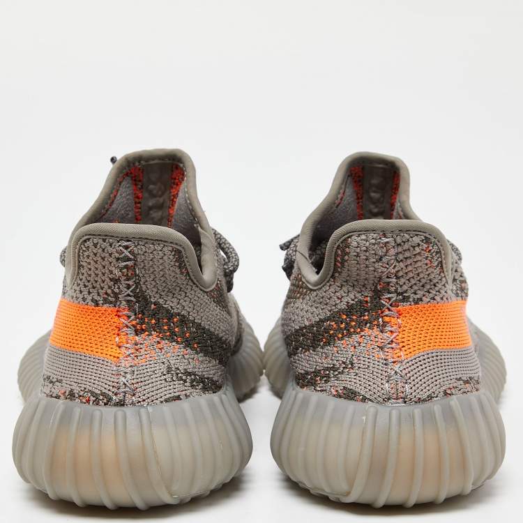 Pre Owned Yeezy x Adidas Grey/Orange Knit Fabric Boost 350 V2 Beluga Reflective Sneakers Size 39 1/3