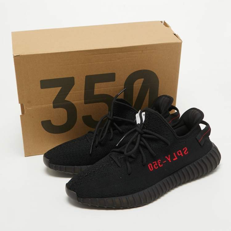 Pre Owned Yeezy x Adidas Black/Red Knit Fabric Boost 350 V2 Bred Sneakers Size 48 