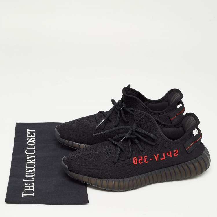 Pre Owned Yeezy x Adidas Black/Red Knit Fabric Boost 350 V2 Bred Sneakers Size 44