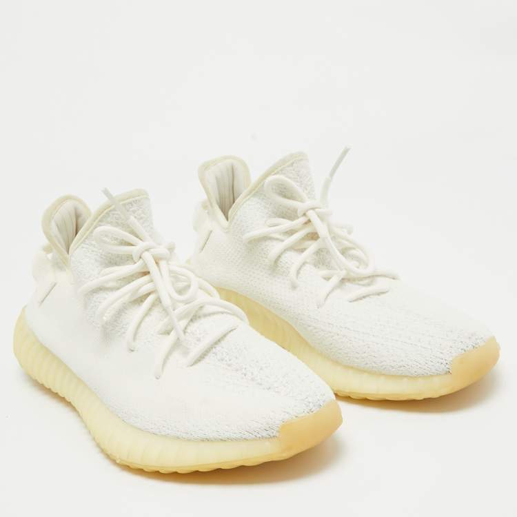 Pre Owned Yeezy x Adidas White Knit Fabric Boost 350 V2 Cream Sneakers Size 45 2/3