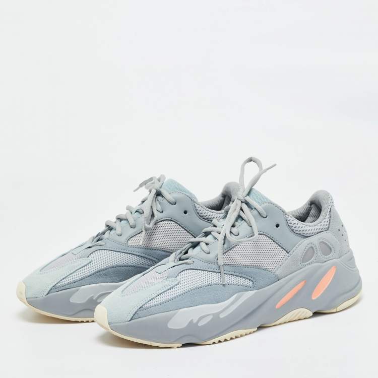 Pre Owned Yeezy x Adidas Grey/Blue Suede and Mesh Boost 700 Inertia Sneakers Size 46